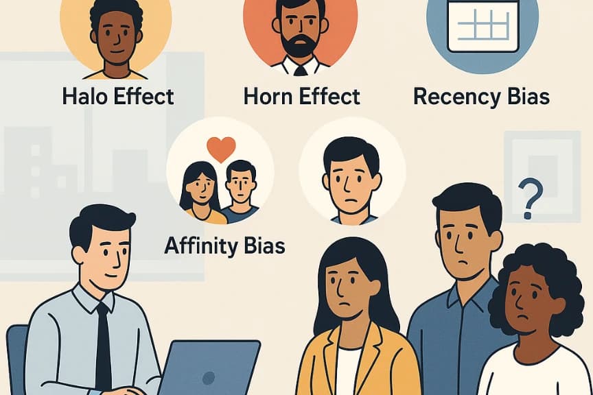Visualization of the persistent problem of bias in performance reviews, showing how traditional evaluation methods can be influenced by unconscious biases and subjective judgments.