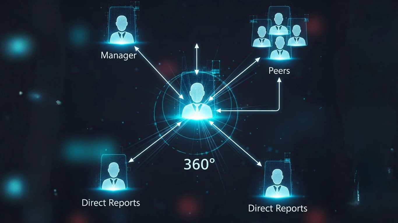 A network diagram illustrating the 360-degree feedback process, a key feature of AI in performance management for a complete and fair employee evaluation.