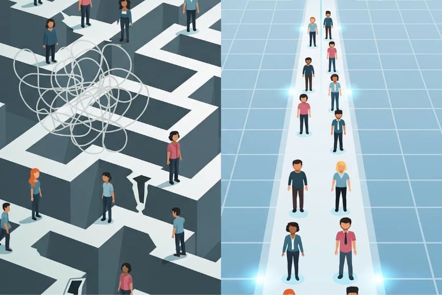An image showing how AI standardizes evaluation criteria in performance management, replacing chaotic standards with a single path to create a level playing field and a fair employee evaluation.