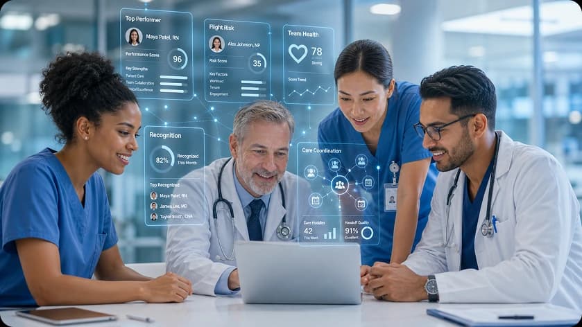 Healthcare team collaborating with performance insights