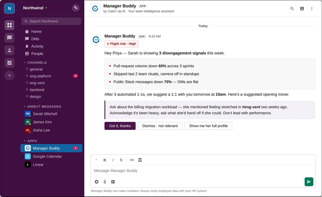 Manager Buddy Slack app showing team intelligence signals and recommended actions