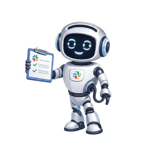 One On One coaching assistant robot holding a Slack check-in clipboard