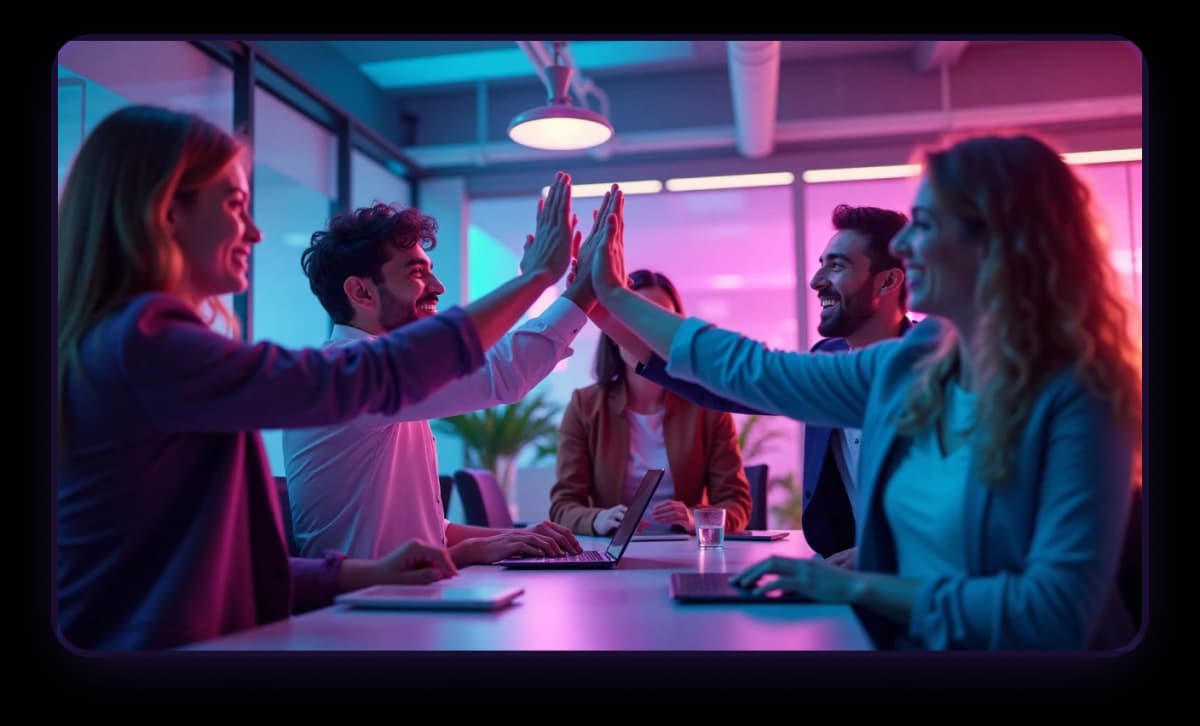 Team celebrating high-five in office with neon lighting