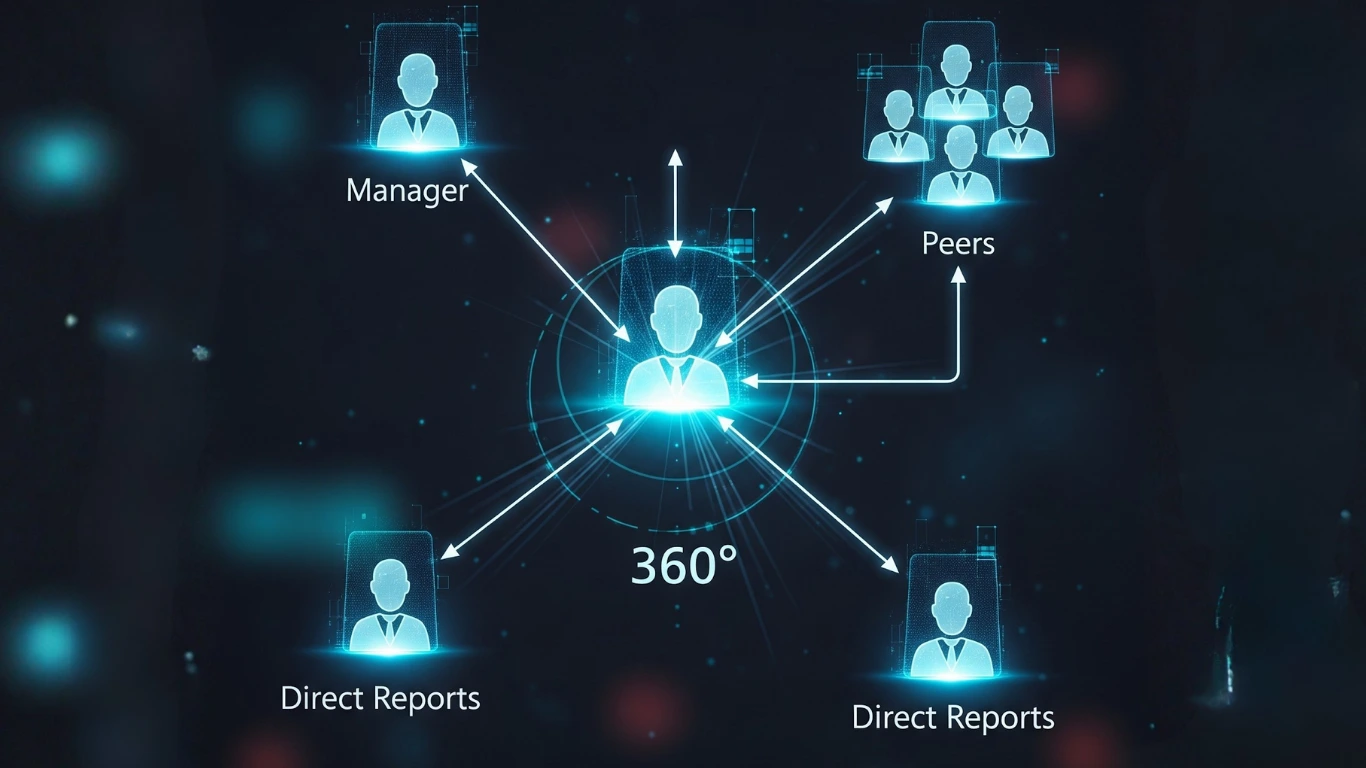 A network diagram illustrating the 360-degree feedback process, a key feature of AI in performance management for a complete and fair employee evaluation.