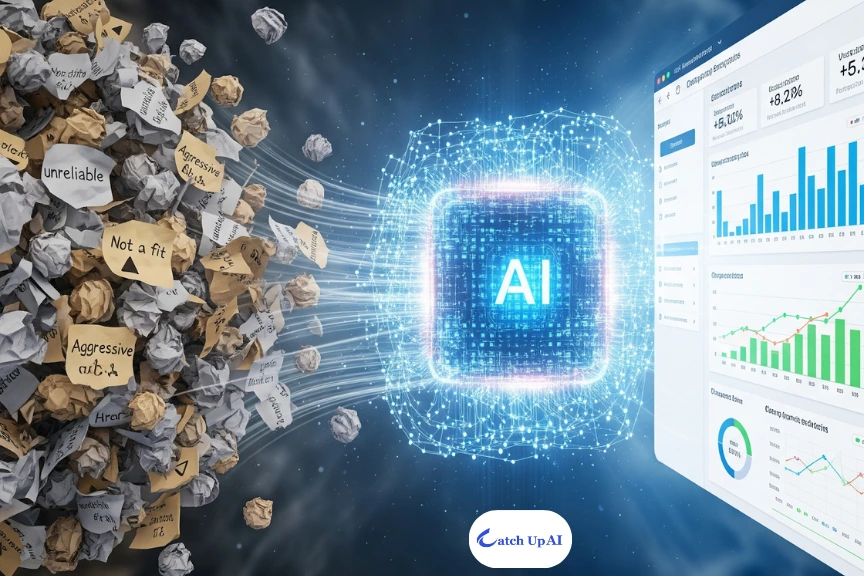 AI for unbiased performance reviews visualized by an AI core transforming subjective, biased notes into a data-driven review dashboard, a process that ensures a fair employee evaluation.