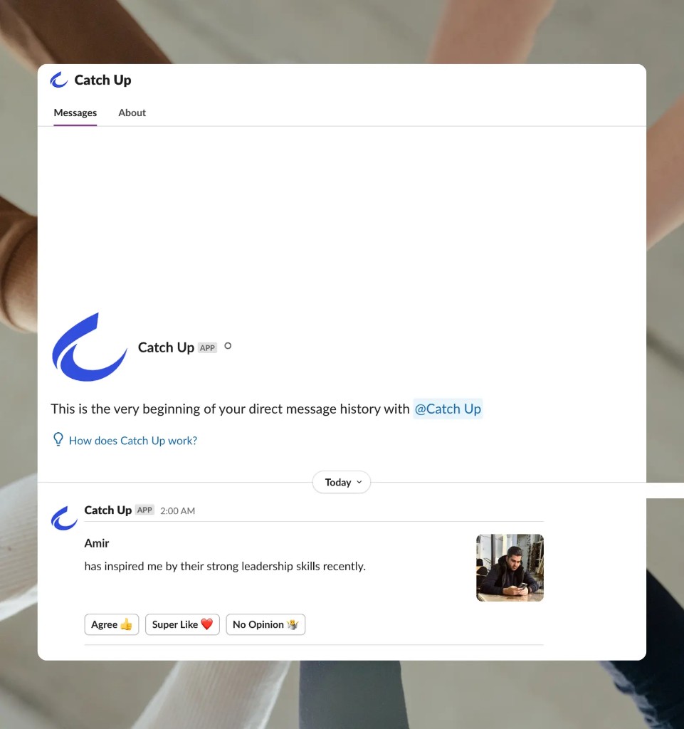 Catch Up AI app in Slack with Precision Praise recognition message